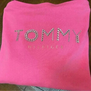 TOMMY HILFIGER BLING LOGO PINK 3/4 SLEEVE CASUAL RHINESTONE PINK SHIRT SZ M